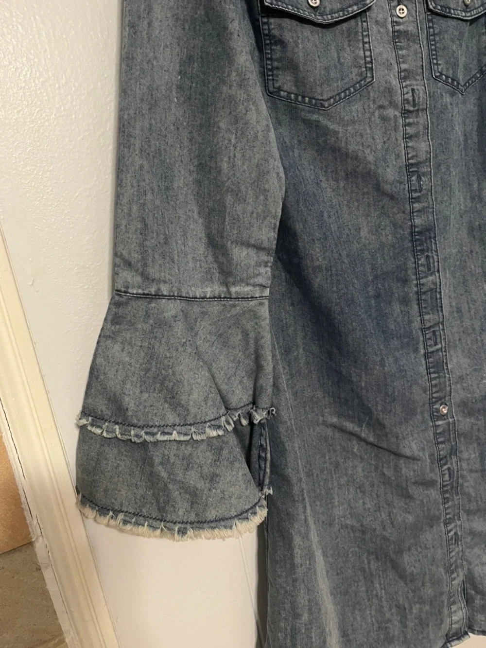 Washed Denim Midi Shirt Dress with Ruffle Sleeves - Blue - Picture 4 of 8